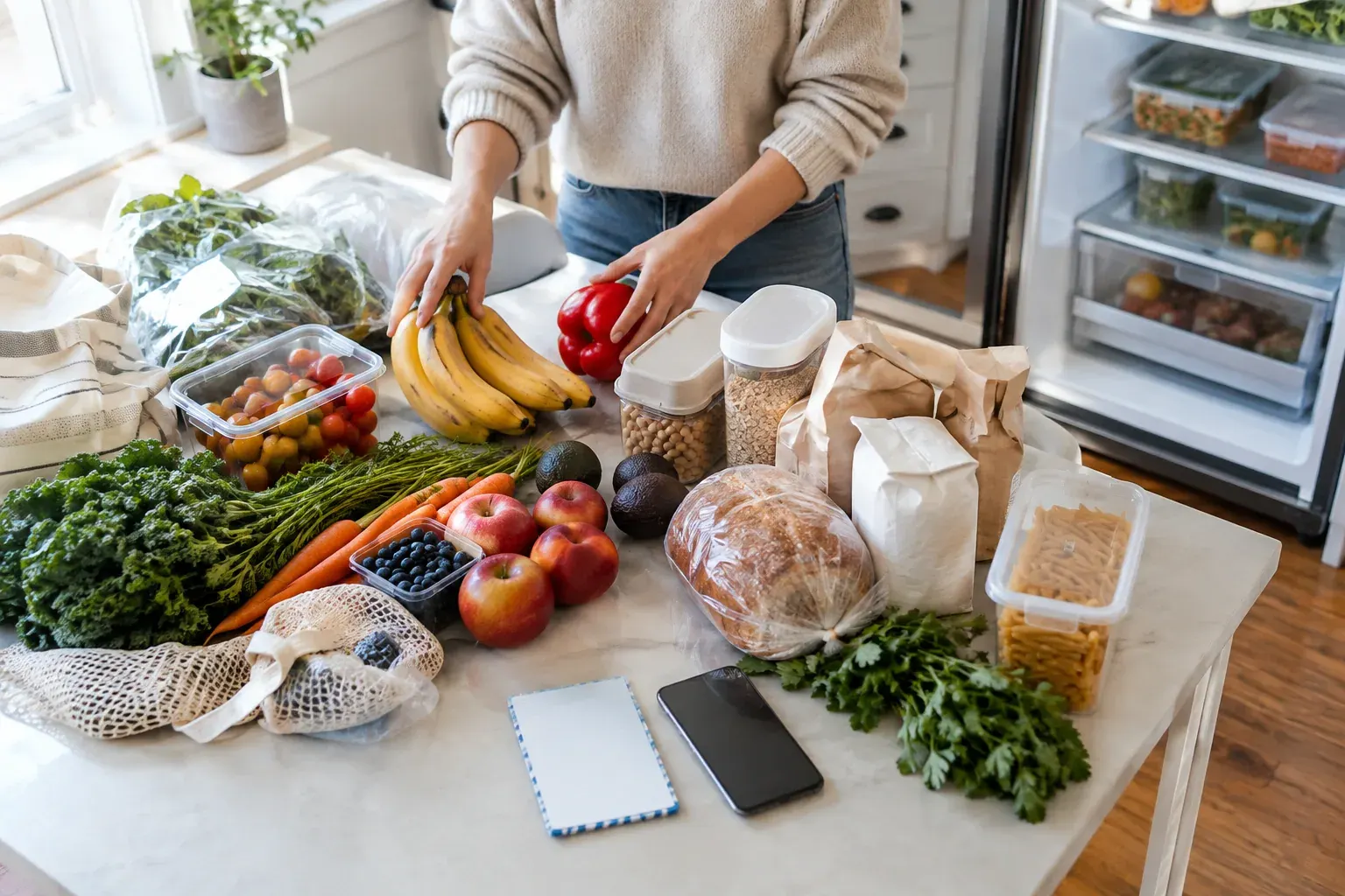 Hands organizing groceries and produce on a kitchen counter before putting food away