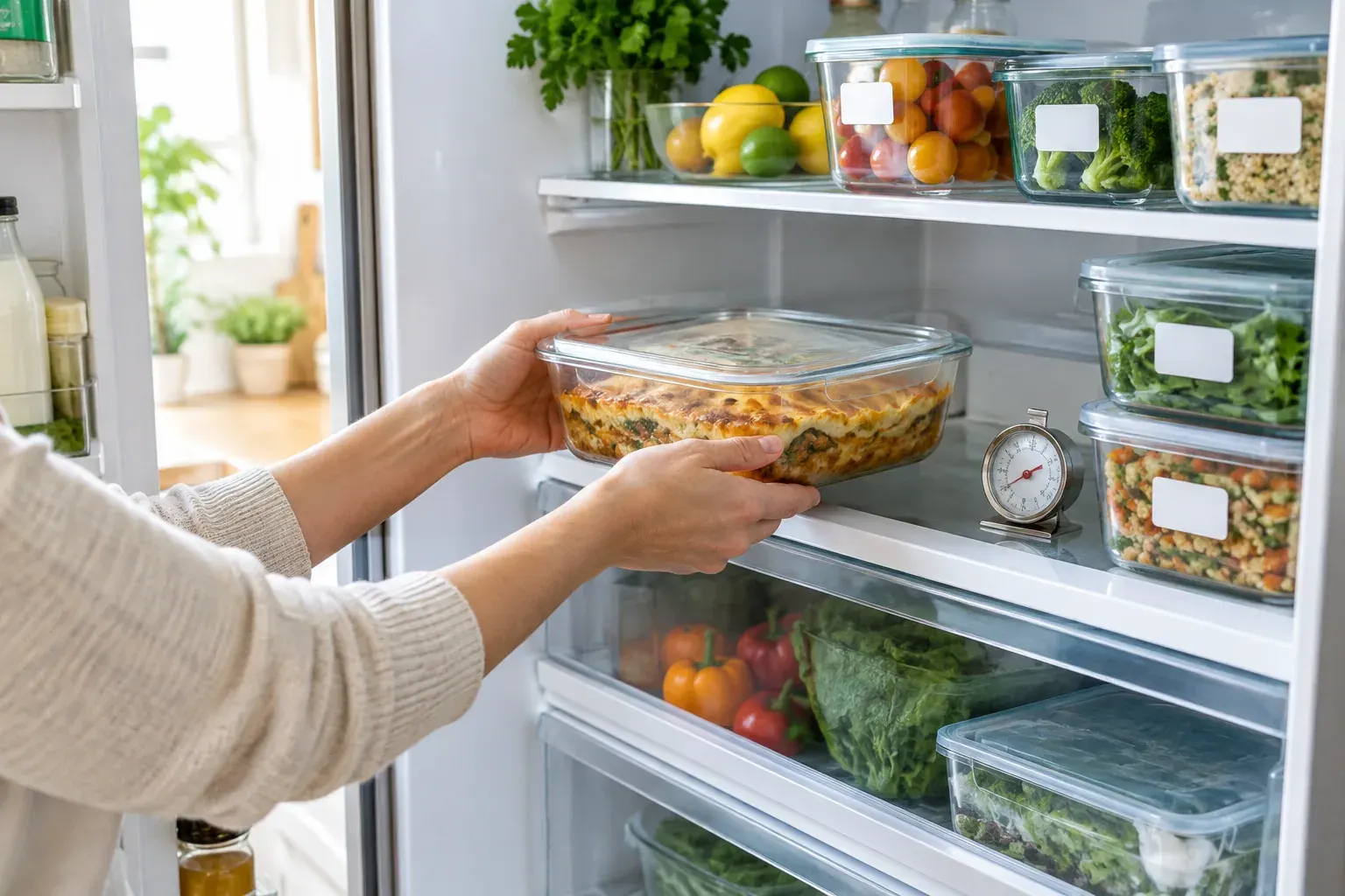 Hands storing a shallow container of leftovers in an organized refrigerator.