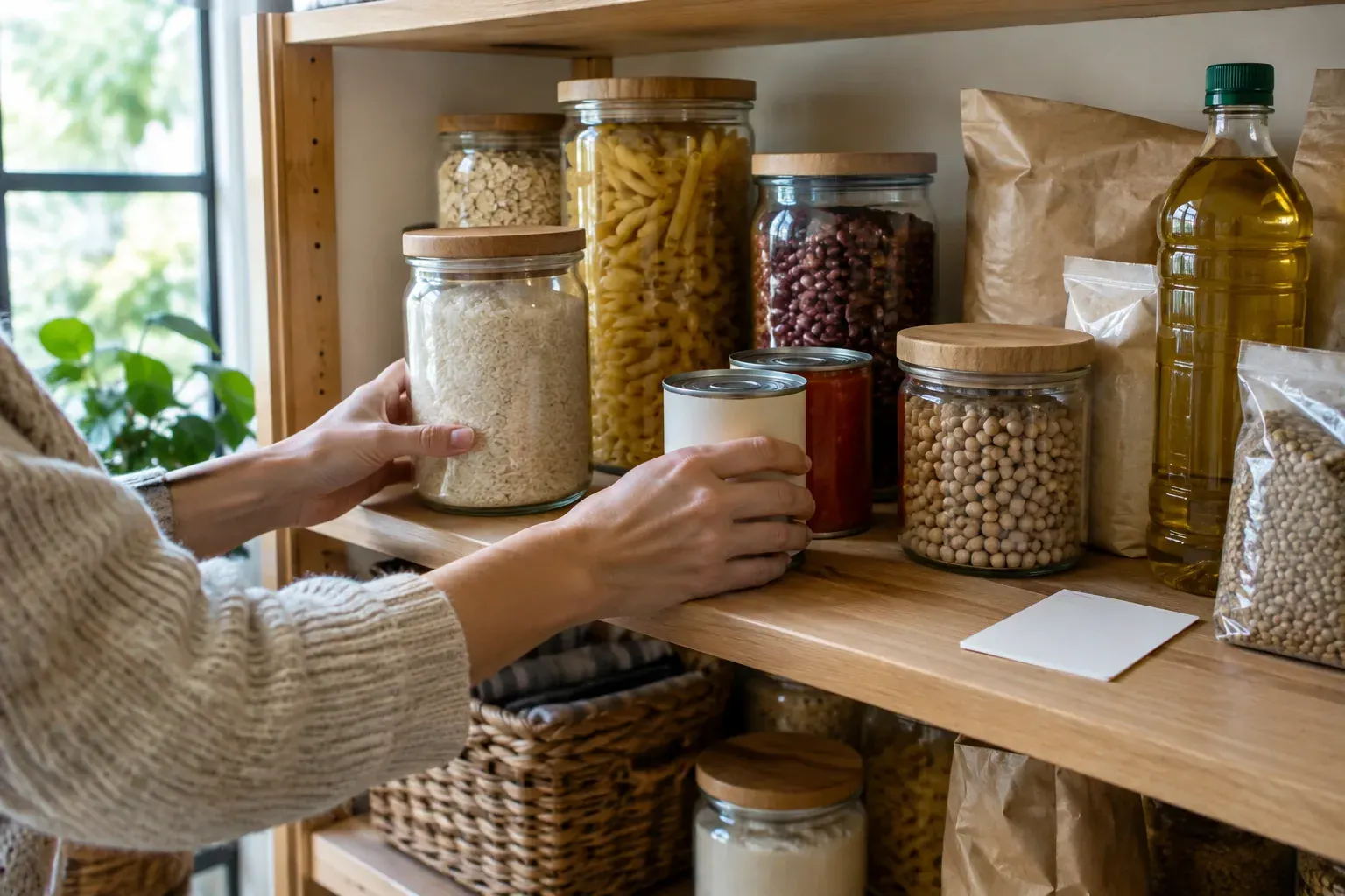 Hands organizing rice, beans, oats, pasta and canned goods on a pantry shelf.