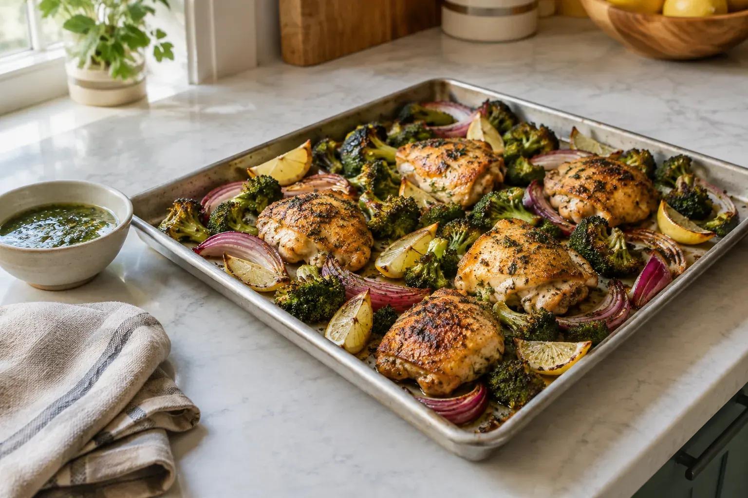 A sheet pan of roasted chicken, broccoli, red onion and lemon on a kitchen counter.