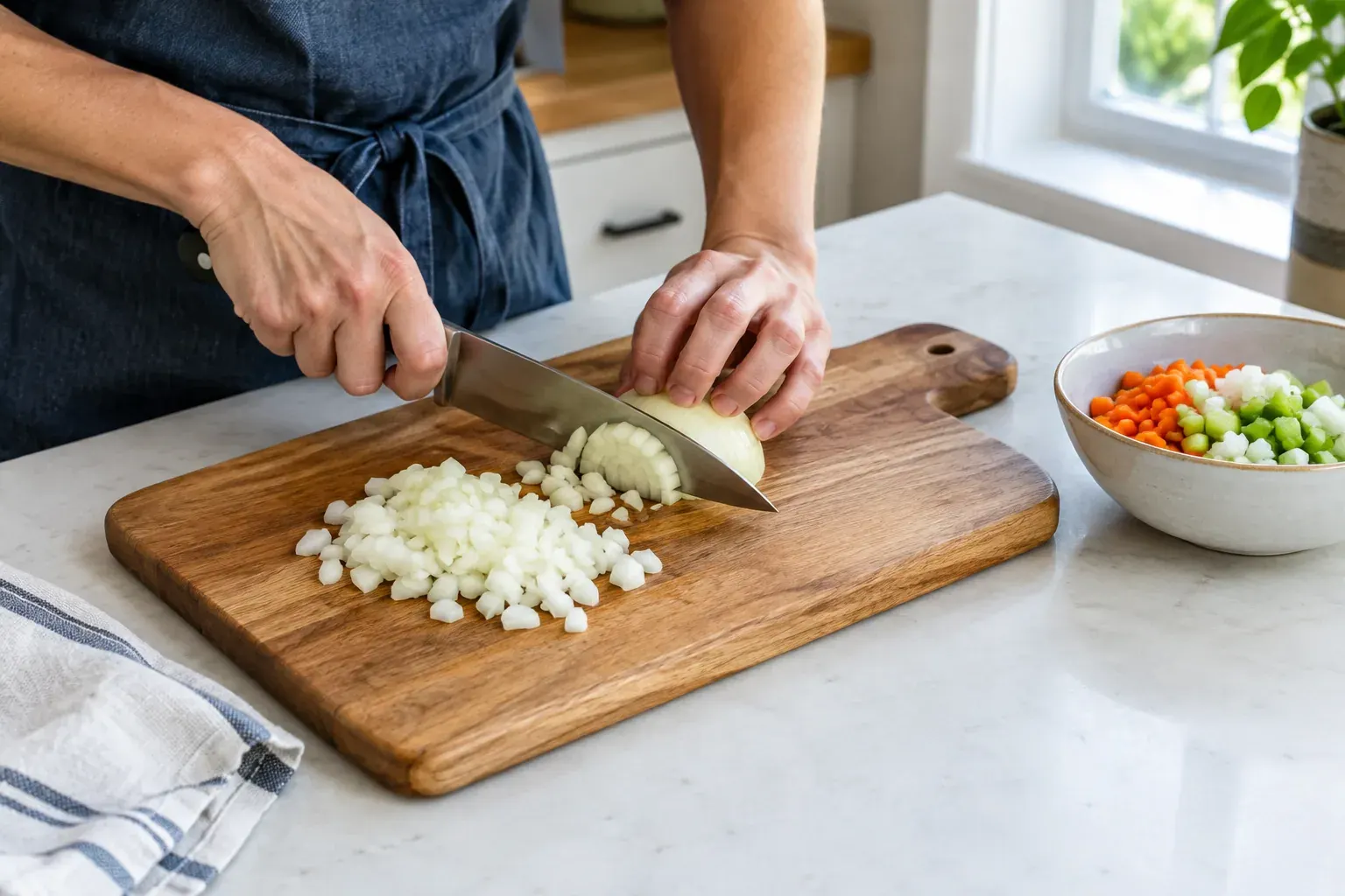 Hands safely dicing an onion with a chef’s knife on a stable cutting board.