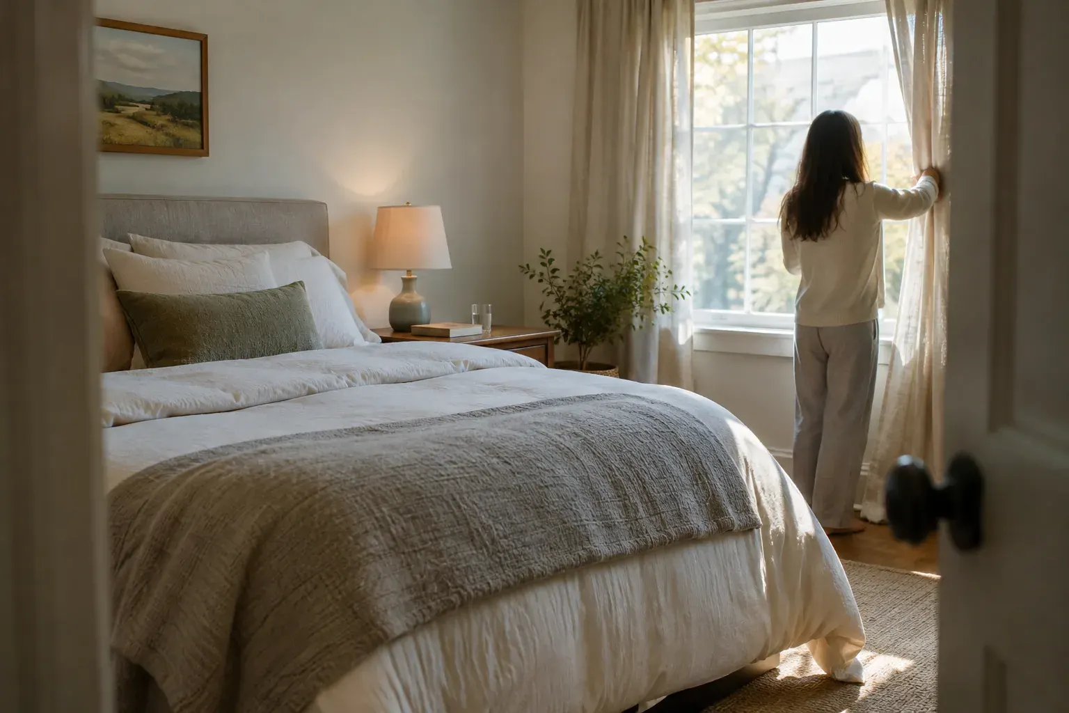 Soft morning light enters a calm bedroom with a neatly made bed and a book on the nightstand.