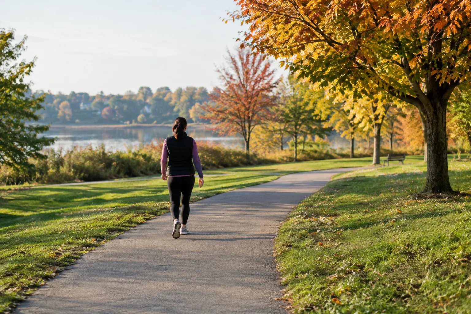 An adult walking briskly on a paved park trail in soft morning light.