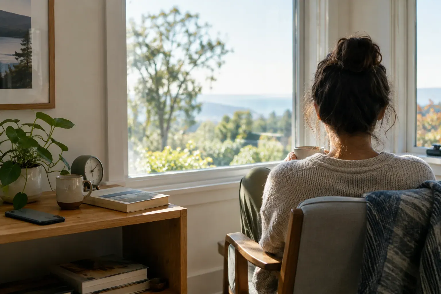 A phone rests beside a book and alarm clock as someone takes a quiet break by a window.