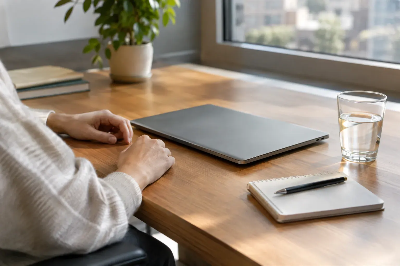 Hands resting beside a closed laptop and glass of water during a quiet office break