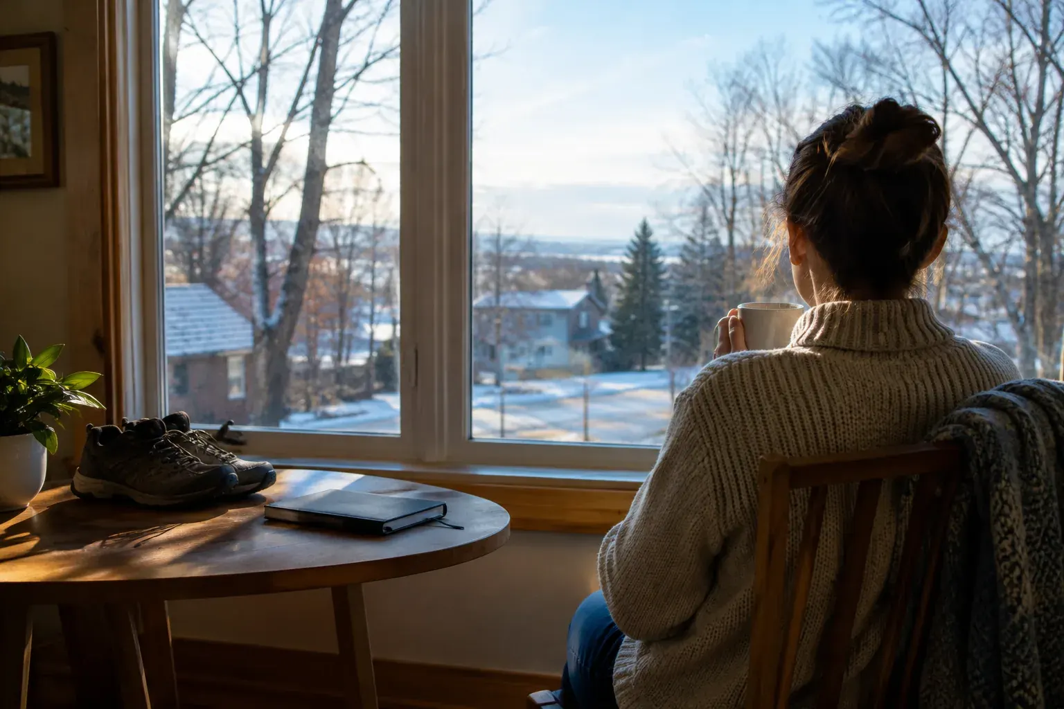 A person sits by a bright window on a winter morning, with walking shoes and a mug nearby.