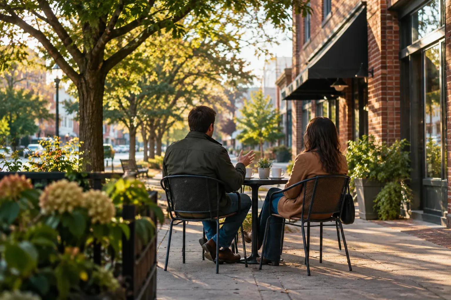 Two adults talking over coffee at an outdoor neighborhood cafe