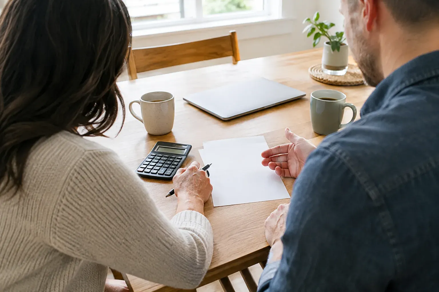 Two partners calmly reviewing household finances at a kitchen table