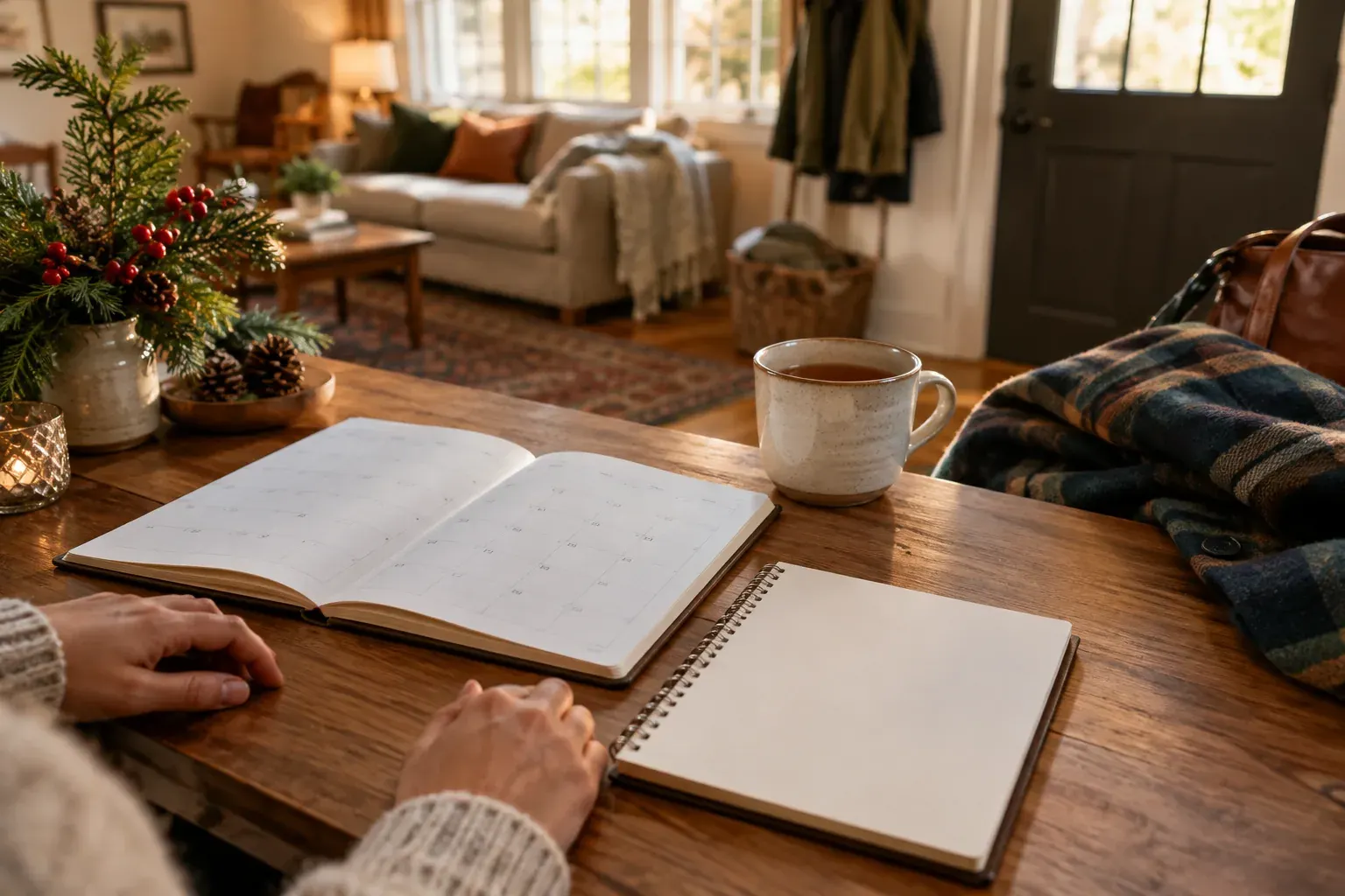 Hands planning holiday visits beside a calendar, tea and understated seasonal decorations