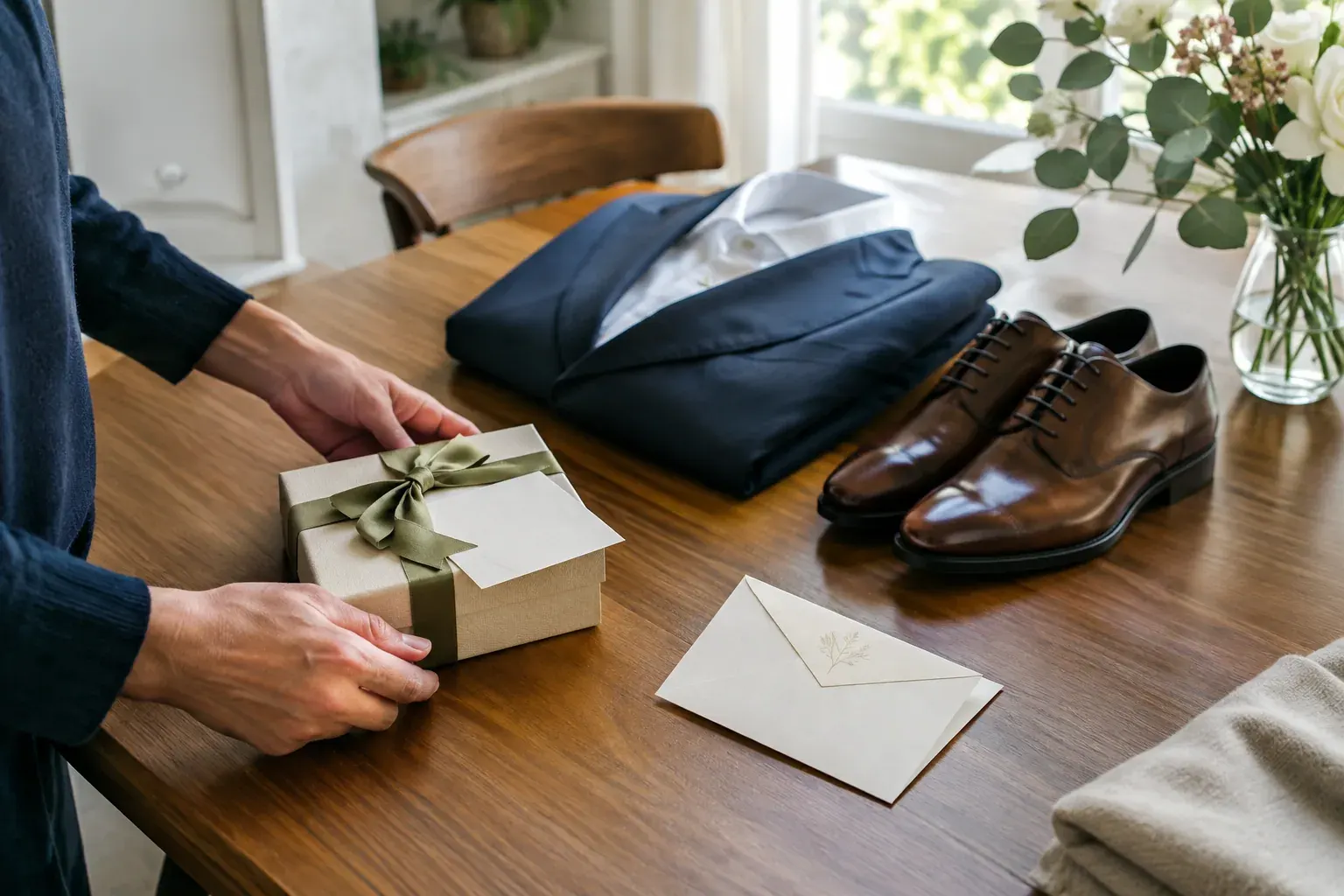 Hands preparing a wedding gift beside a formal outfit and polished shoes