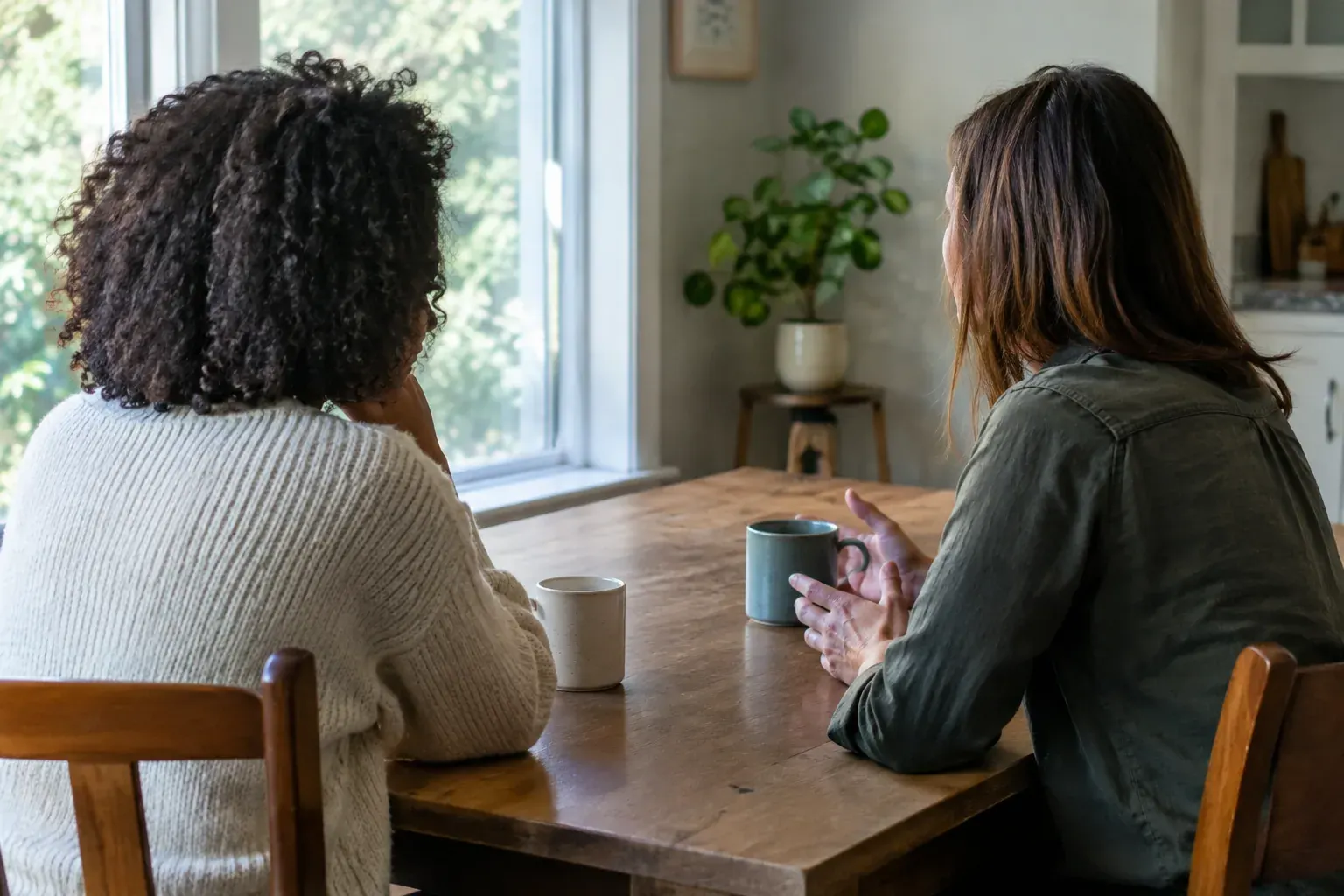 One friend listens as another talks at a kitchen table.