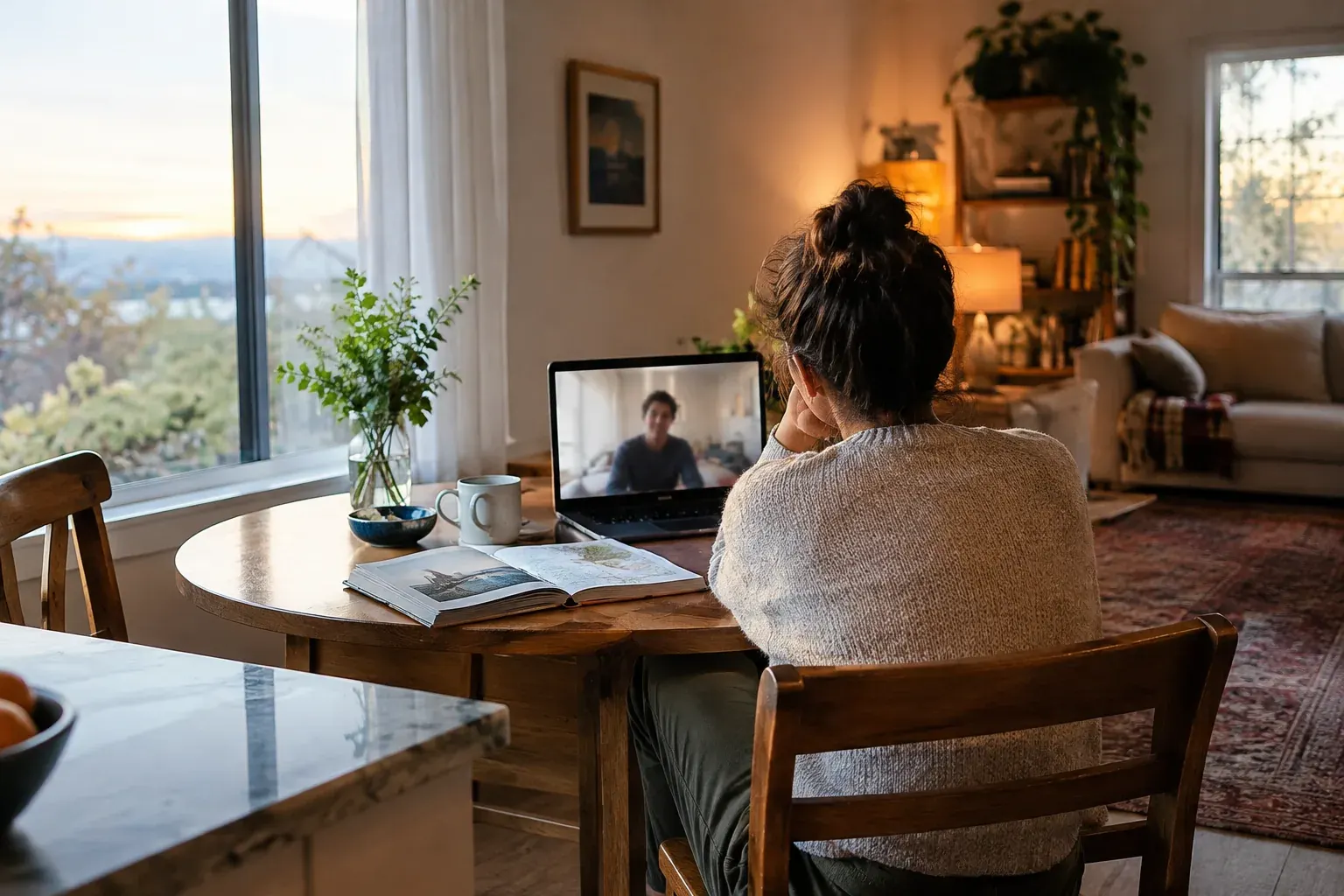 A person at home on a video call with a long-distance partner, with a travel notebook nearby.
