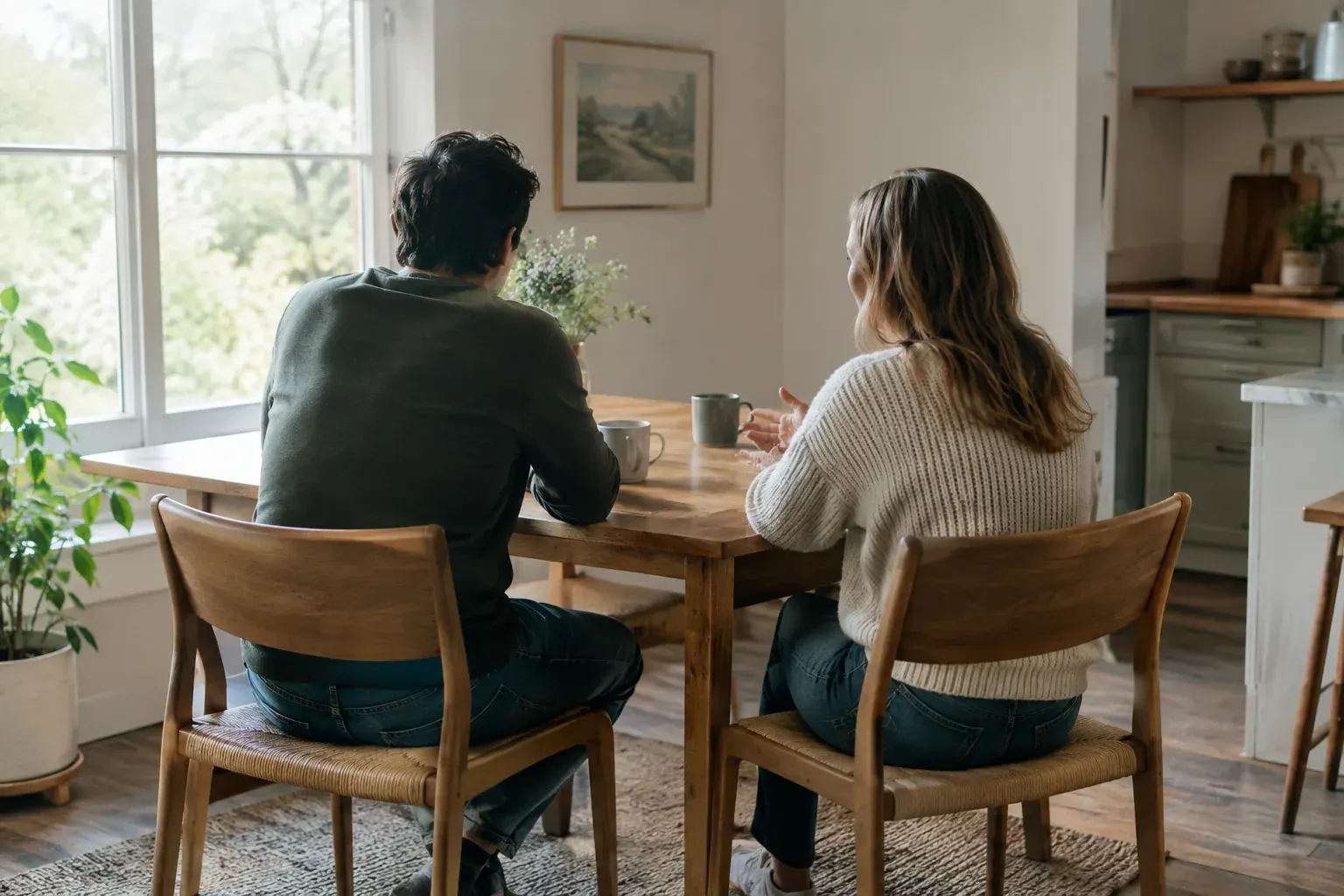 Two people having a calm, thoughtful conversation at a kitchen table