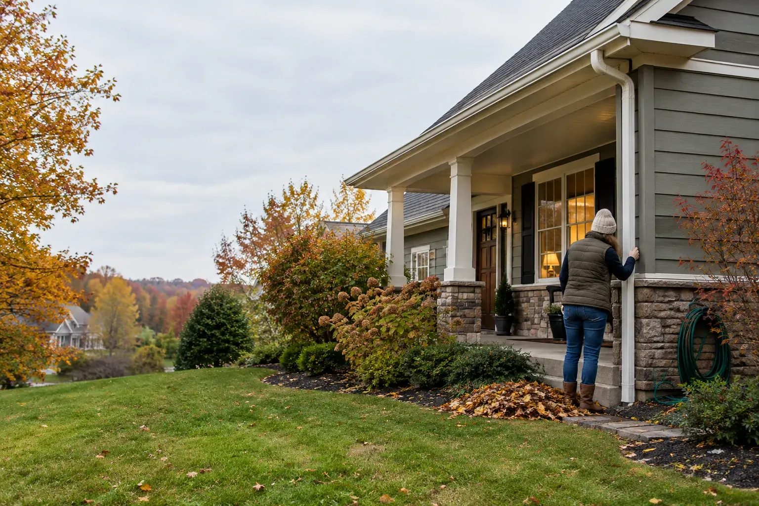 Homeowner checks a downspout beside a leaf-cleared gutter in autumn.