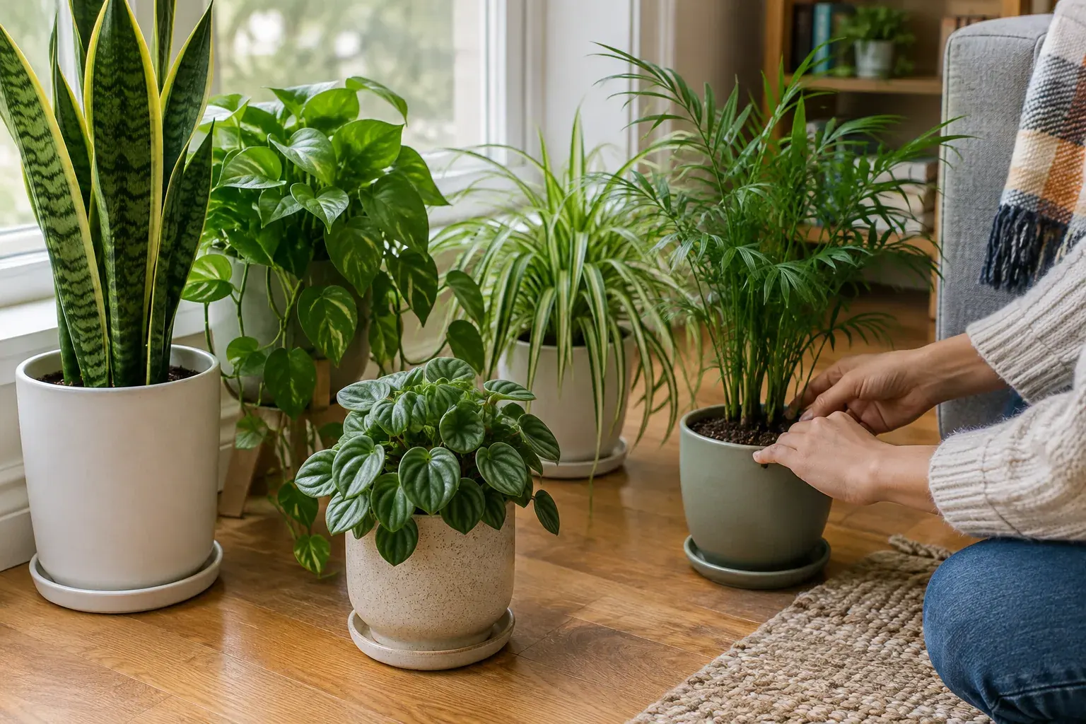 Beginner-friendly houseplants arranged beside a bright apartment window