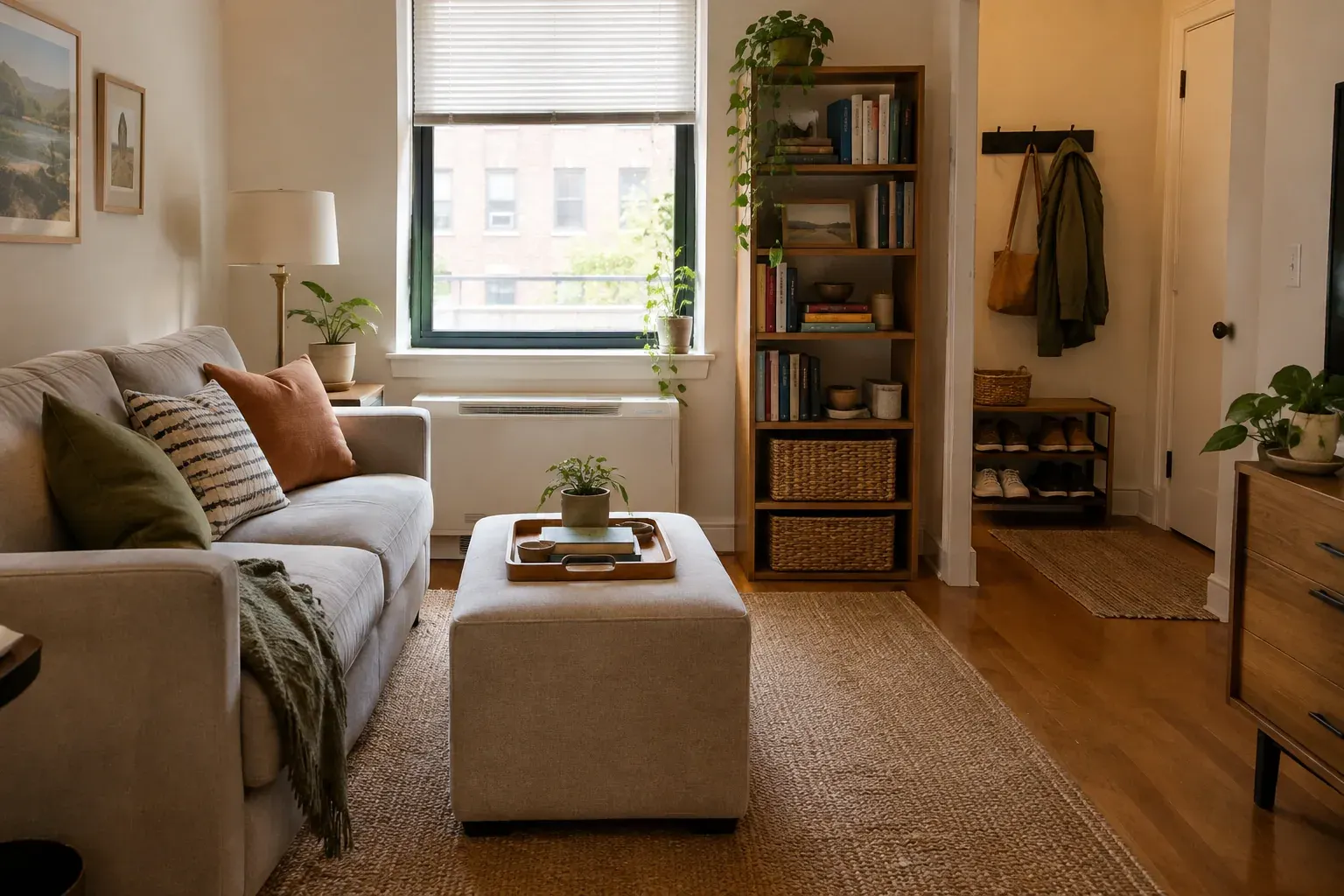 A small apartment living room with a storage ottoman, organized shelves, and a clear walkway.