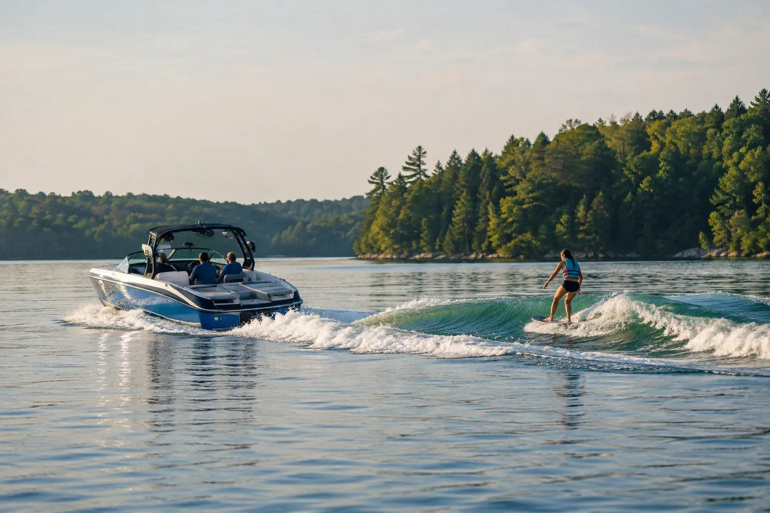 A beginner in a life jacket wakesurfing behind an inboard boat on a calm lake