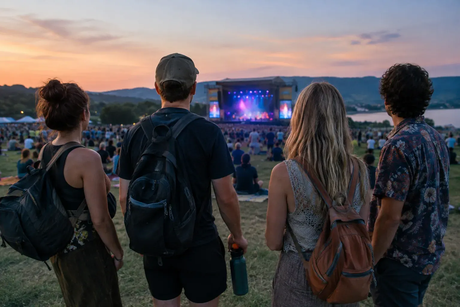 Friends prepare for an outdoor music festival with earplugs and water as stage lights glow in the distance.