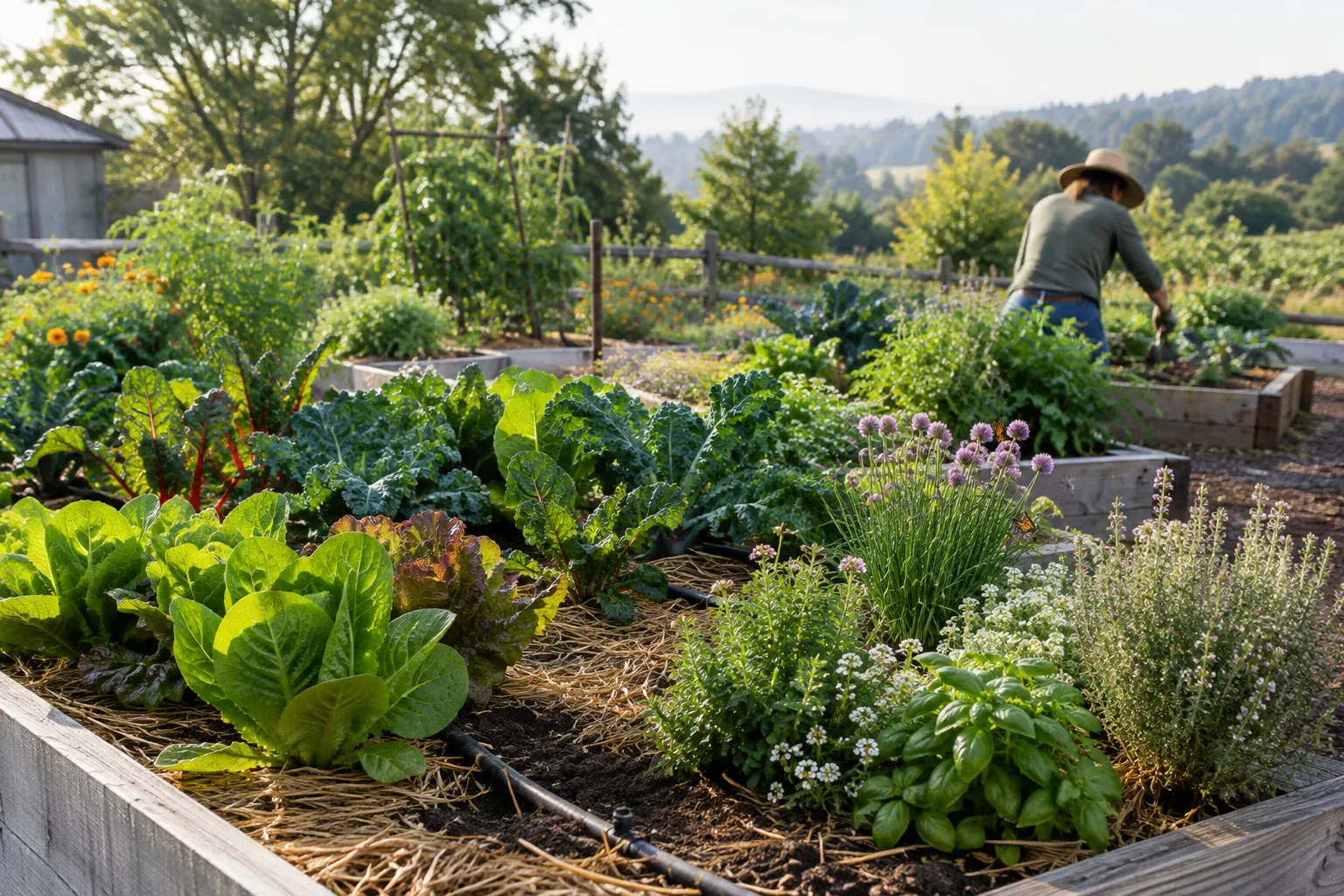 A mulched home vegetable garden with healthy crops, flowering herbs, and a drip irrigation line.