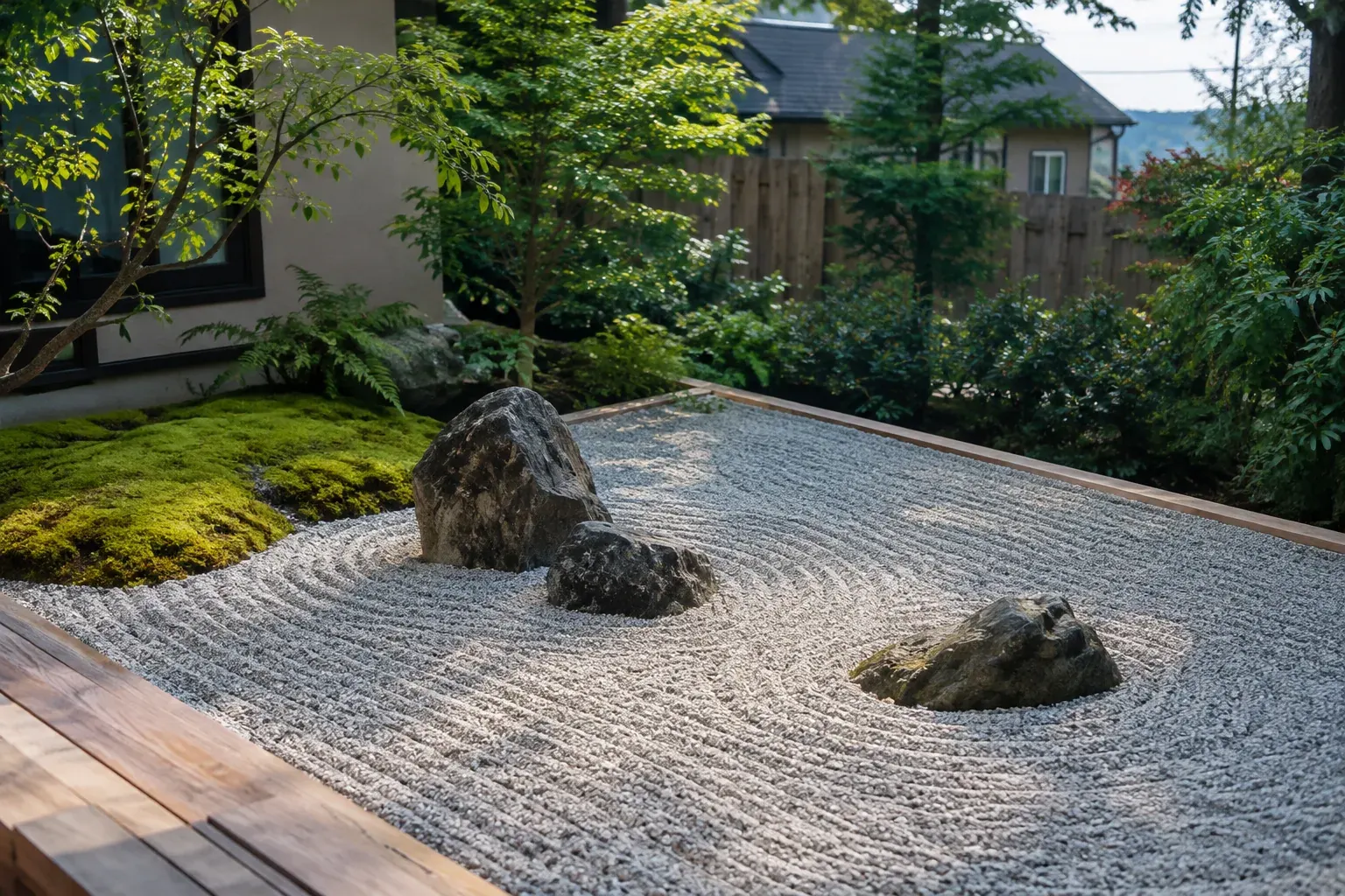 A small dry garden with raked gravel, a group of stones and a mossy planting edge