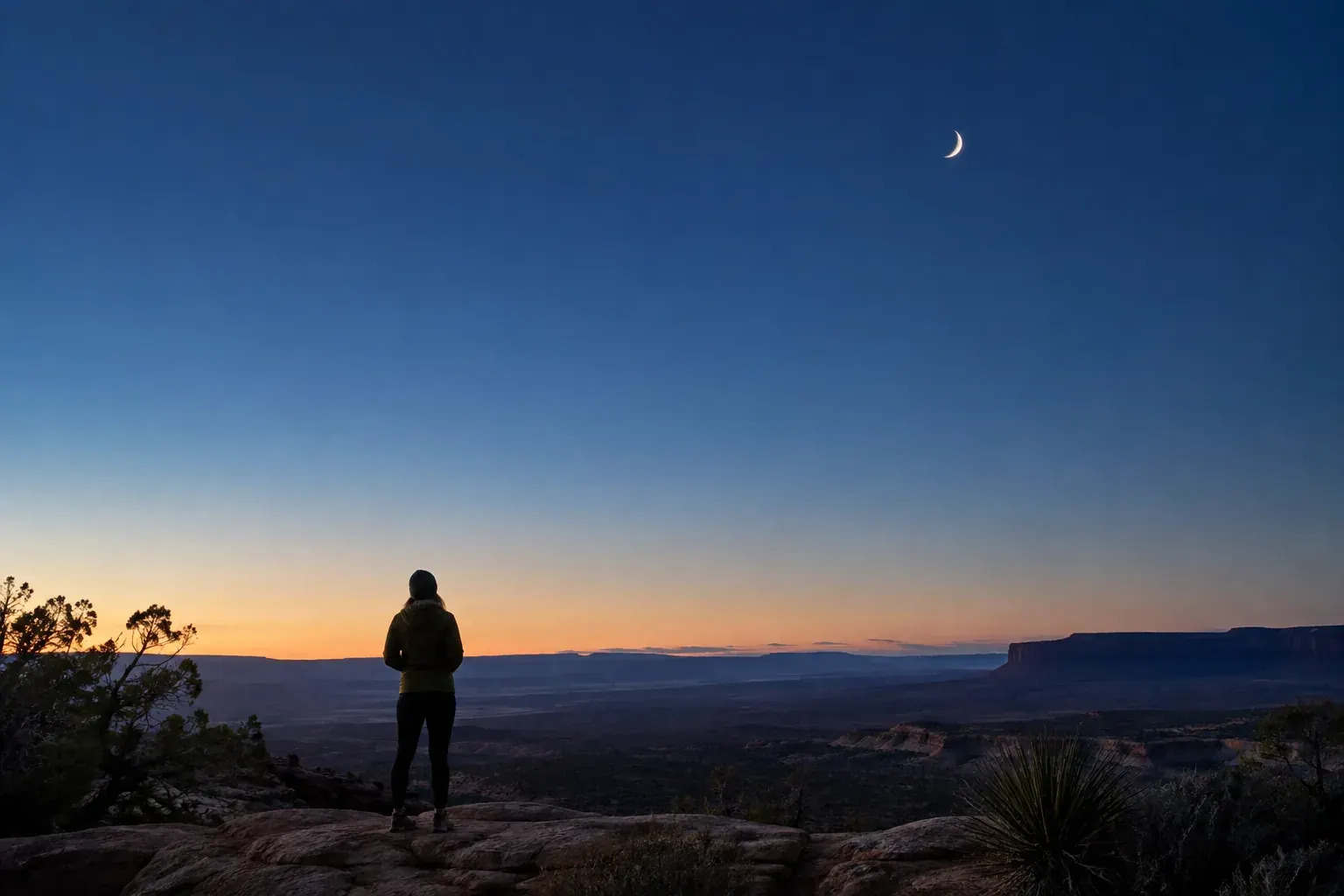 A crescent moon over a desert overlook at twilight, with a person seen from behind watching the sky.