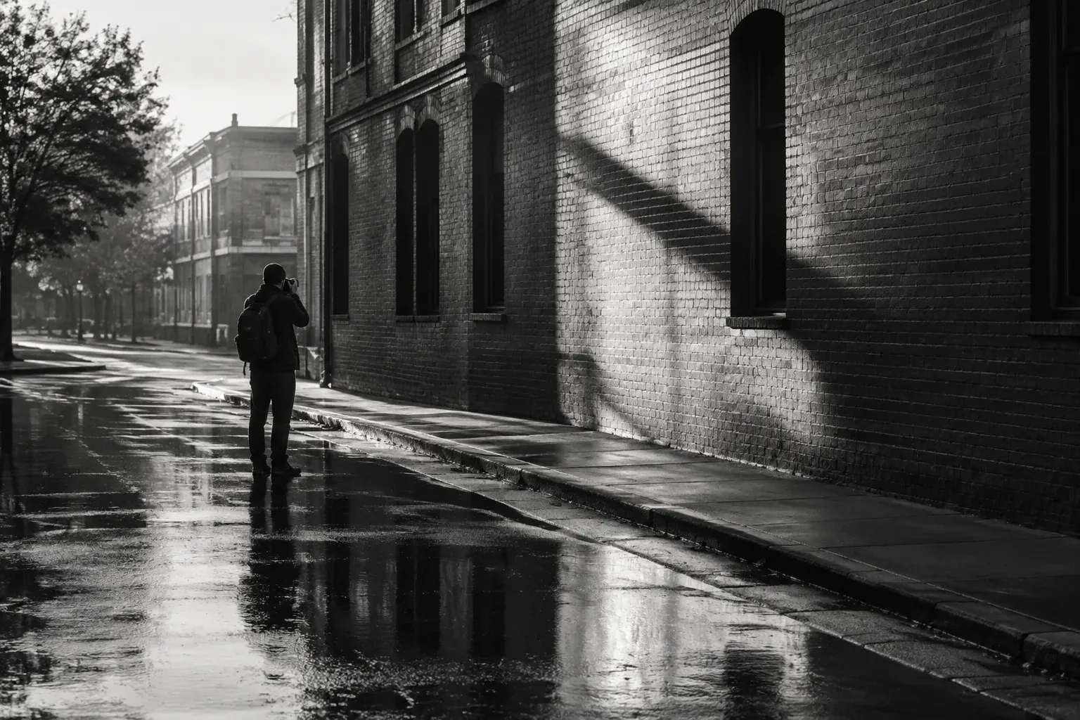 A photographer frames a monochrome city street with textured brick, wet pavement and deep shadows.