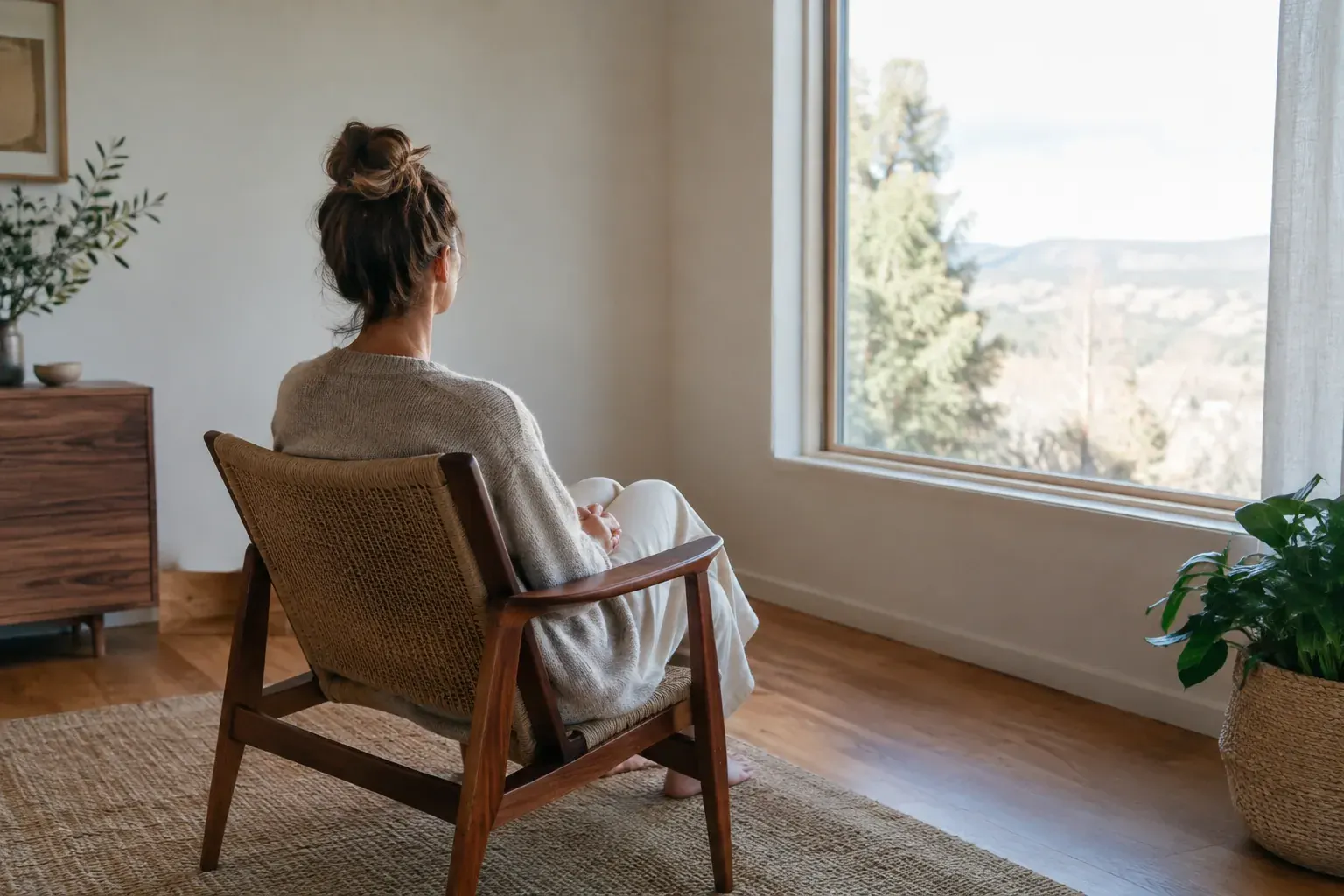 An adult seen from behind practicing quiet chanting meditation beside a sunlit window.