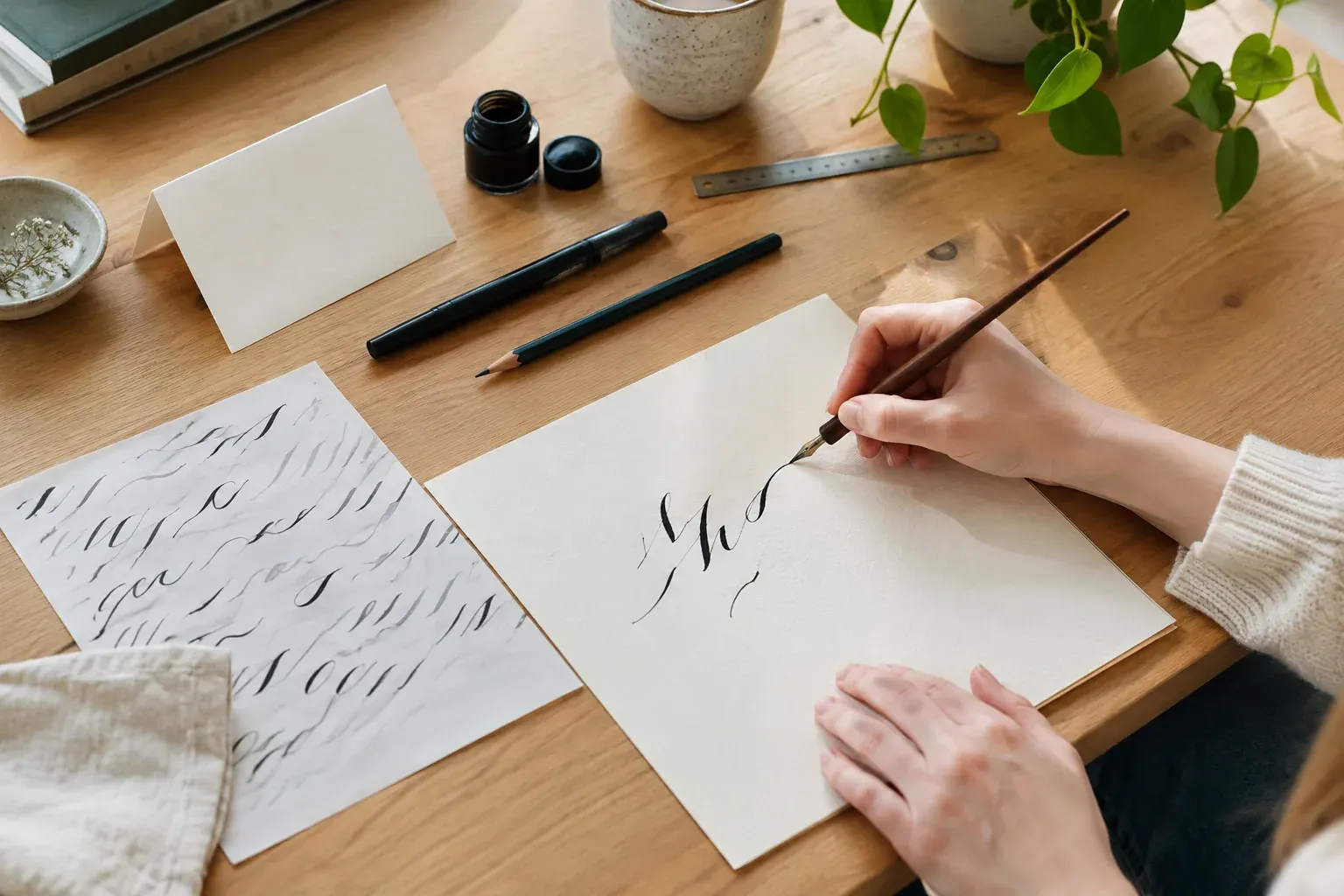 Hands practice calligraphy with a dip pen beside a brush pen and blank card.
