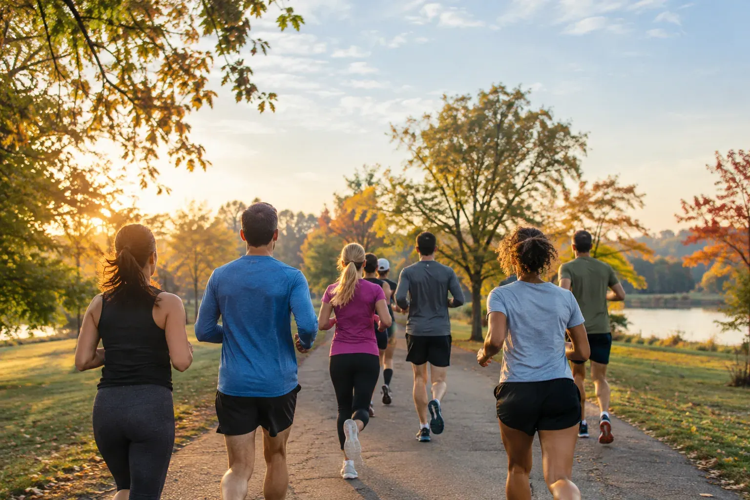 Recreational runners start a community race on a tree-lined park path.