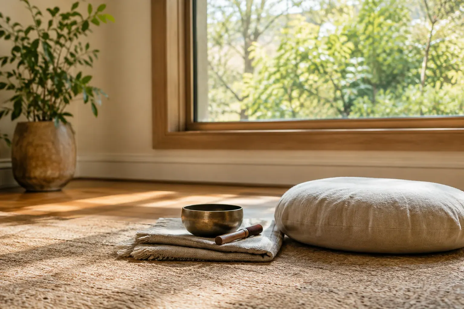 A singing bowl and striker beside a cushion in a softly lit home meditation space.