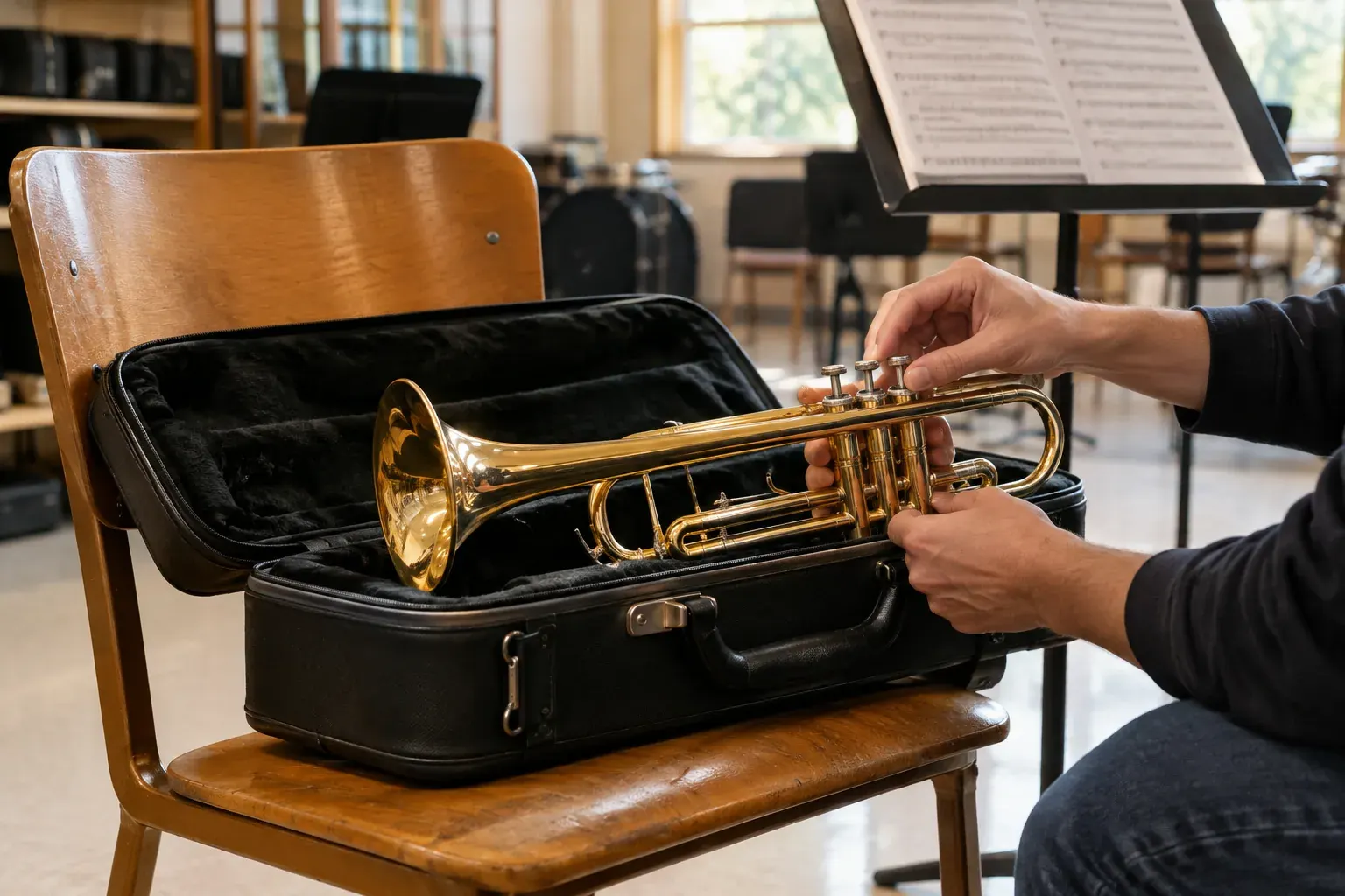 A student trumpet in its open case in a band practice room