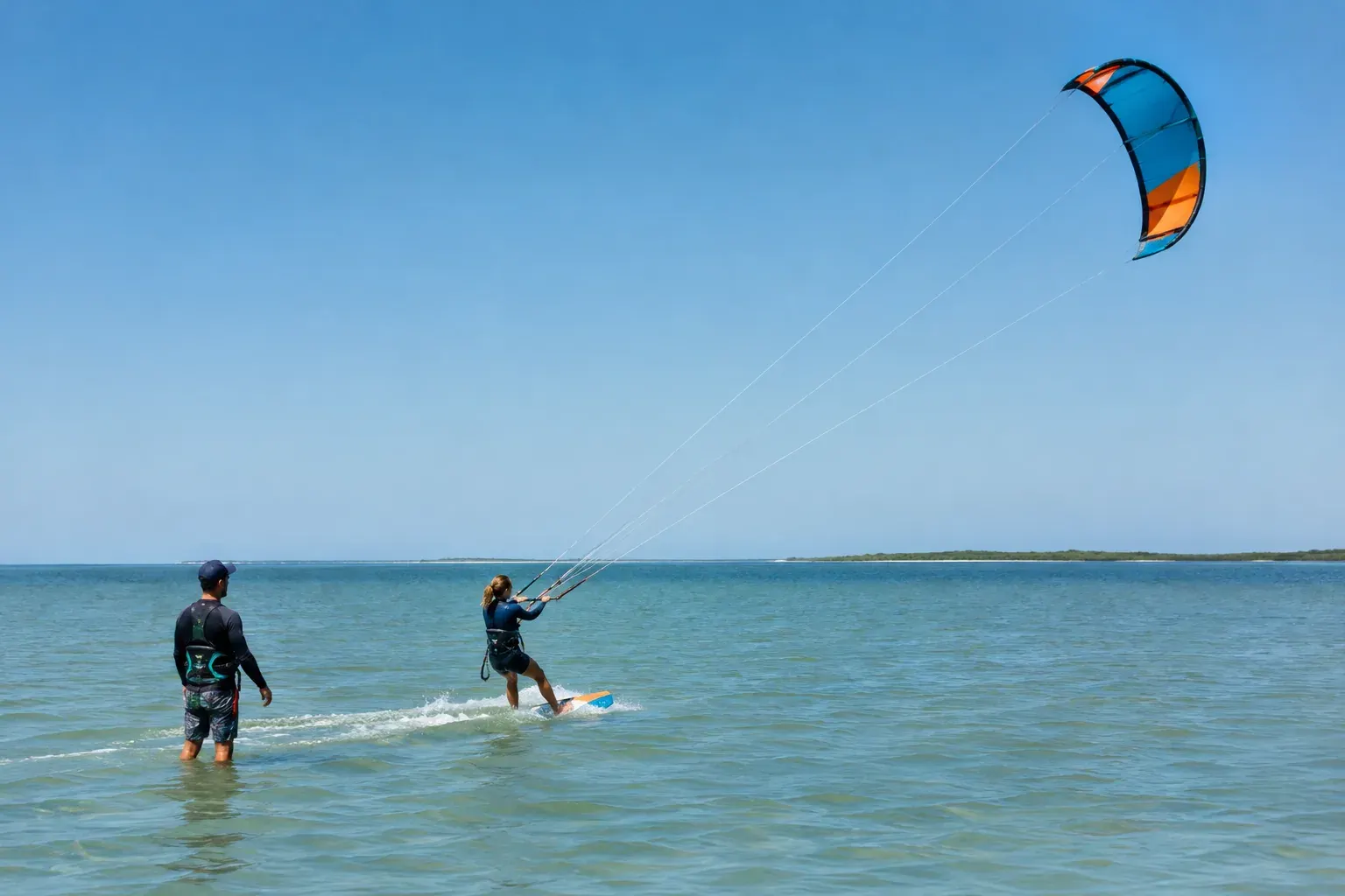 A beginner kitesurfer practices on a shallow US lagoon with an instructor nearby.