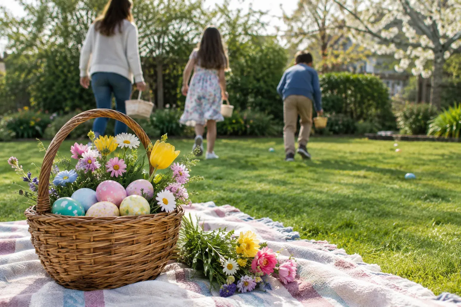 A family prepares an Easter egg hunt beside a basket of decorated eggs in a spring backyard.